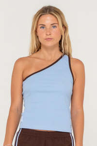 RUSTY Zoe One Shoulder Tank Retro Blue