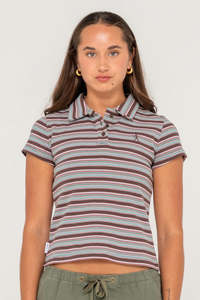 Tees Womens: RUSTY Blazed Stripe Baby Polo Tee Multi Stripe