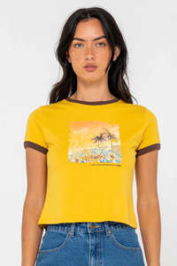 Tees Womens: RUSTY La Cabana Contrast Ringer Mini Tee Lemon Yellow