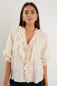 Tops Womens: IVY + JACK Garnish Frill Front Top Cream Black Polka Dot