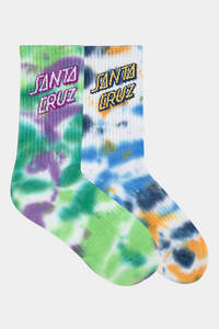 Socks: SANTA CRUZ Stack Strip Crew Sock Youth 2 Pack Blue Tiedye Light Green Tiedye