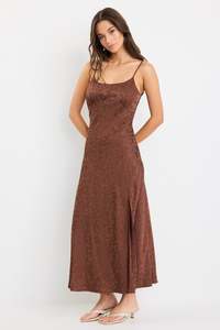 AMONG THE BRAVE Dallas Strappy Midi Dress Chocolate Leopard Satin