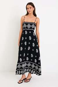STORIES BE TOLD Sundeck Strappy Maxi Dress Black Border Print