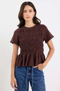 Tees Womens: STORIES BE TOLD Neat Shirred Tee Chocolate