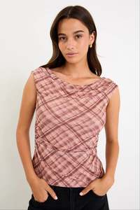 STORIES BE TOLD Quartette Scoop Neck Top Blush Check Mesh
