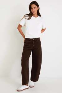 Jeans Womens: AMONG THE BRAVE Varsity Barrel Jean Chocolate