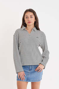 HUFFER Alfie Stripe Ls Polo Chalk Black