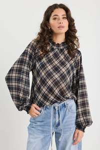 Tops Womens: AMONG THE BRAVE Embrace Shirred Neck Ls Top Black Check Chiffon