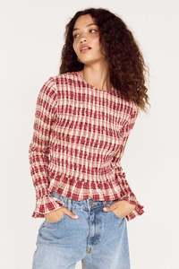 Tops Womens: MINKPINK Anouk Shirred Top Wine Check