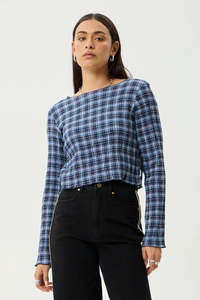 Tops Long Sleeve Womens: AFENDS Mountains Seersucker Ls Top Navy