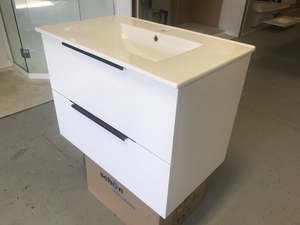 PLYWOOD MATTE WHITE 750 WALLHUNG VANITY WITH HANDLES & CERAMIC TOP