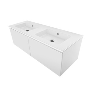 Clearance: PLYWOOD 1200 WALL HUNG WHITE VANITY WITH DOUBLE BASIN POLYMARBLE TOP