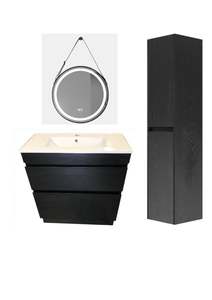 Combo: Plywood 750 Vanity Combo Dark Oak with Tall Cabinet and Framed led Mirror
