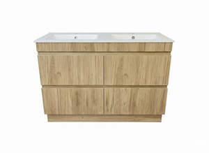 Vanities 1: PLYWOOD 1500 OAK FLUTED VANITY WITH DBL WHITE GLOSS CERAMIC TOP