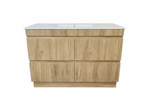 Vanities 1: PLYWOOD 1200 OAK FLUTED VANITY WITH WHITE GLOSS CERAMIC TOP