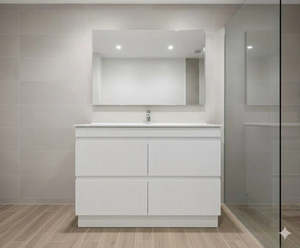 Vanities 1: PLYWOOD 1500 MATTE WHITE FLUTED VANITY WITH WHITE GLOSS CERAMIC TOP