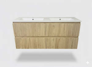 Vanities 1: PLYWOOD 1500 DBL WALLNUT FLUTED VANITY WALLHUNG WITH CERAMIC TOP