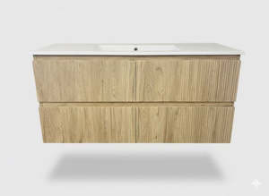Vanities 1: PLYWOOD 1500 WALLNUT FLUTED VANITY WALLHUNG WITH CERAMIC TOP