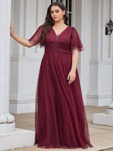 Nz Stock Plus Size: Lorrie flutter sleeve tulle ball gown in burgundy s26 Express NZ wide