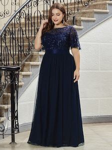 Sequined Leaf Collection: Georgia navy leaf patterned tulle bridesmaid dress Express NZ Wide