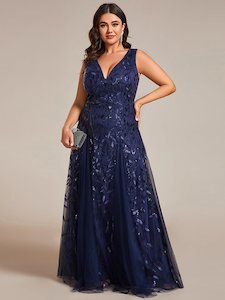 Sequined Leaf Collection: Blessing navy sleeveless tulle and sequin mermaid dress Express NZ Wide