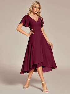 Grace burgundy chiffon V neck short dress Express NZ wide