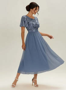 Mother Of The Bride Dress: Denise dusky navy shimmer tulle and sequin dress s16 Express NZ Wide
