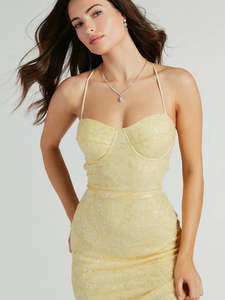 Lara Lace-Up Pastel yellow Sequin Mesh Formal Dress 10-12 Express NZ wide