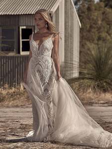 Designer Bridal Dresses: White April Boho lace dress with overskirt s10 Express NZ wide