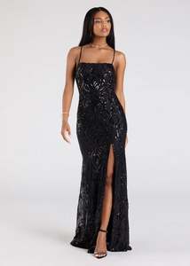 Corina black sequin ball dress with square neckline