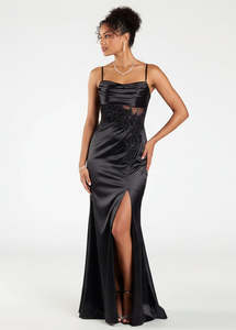 Ball Dresses: Hannah Corset Satin Ball Dress with slit in Black Express NZ wide