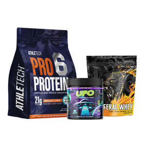 Protein Powder: ATHLETECH PRO 6 WHEY 5LB + PACK NUTRITION FERAL WHEY PROTEIN 1LB - RASPBERRY + UFO ULTIMATE FCKIN OOMPH PRE-WORKOUT - 30 SERVES