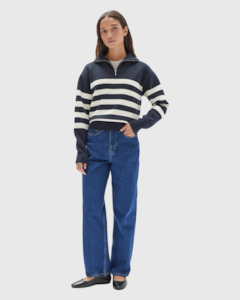 Sweaters: Parisienne Quarter Zip Cotton Jumper True Navy/Antique White