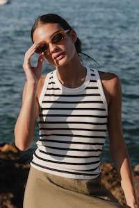 Womens: RE:UNION - Cobble Rib Cutaway Tank - White Black Stripe