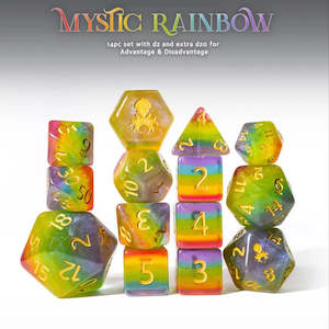 14 Piece Dice Sets: Mystic Rainbow 14pc Dice Set Inked in Gold by Kraken Dice