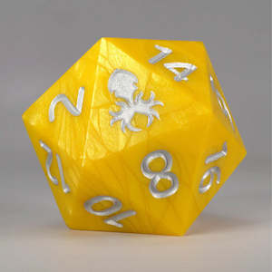 Yellow with Silver Ink Hand Polished Sharp Edge 55mm D20 by Kraken Dice