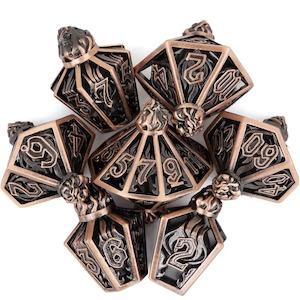 Copper Flame - 7 Piece Hollow Metal Polyhedral Dice Set & Dice Case