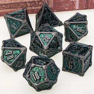 Viridian Drake - 7 Piece Metal Polyhedral Dice Set & Dice Case