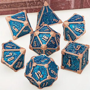 Metal Dice: Cerulean Drake - 7 Piece Metal Polyhedral Dice Set & Dice Case