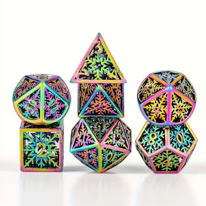 Metal Dice: Iridescent Snowflake - 7 Piece Hollow Metal Polyhedral Dice Set & Dice Case