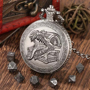 Surprise Bite - 7 Piece Mini Metal Polyhedral Dice Set & Pocket Watch Style Case