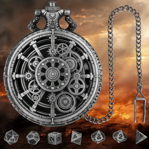Metal Dice: Chronomancer - 7 Piece Mini Metal Polyhedral Dice Set & Pocket Watch Style Case