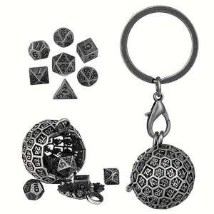 Metal Dice: D100 Cage Dice Keychain (Gunmetal) with 7 Piece Mini Metal Polyhedral Dice Set