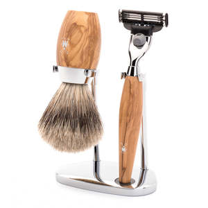 Shaving Sets: Muhle Kosmo, Olive Wood 3-Piece Fine Badger / Mach3 Shaving Set