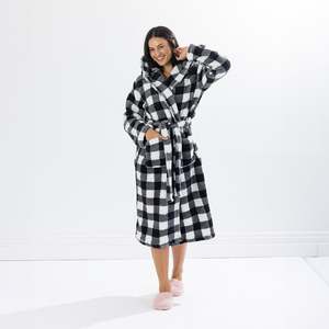 Solace Check Hooded 3/4 Length Plush Bathrobe Black/White