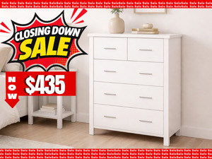 Bedroom Furniture: Arctic 5 Drawer Tallboy White