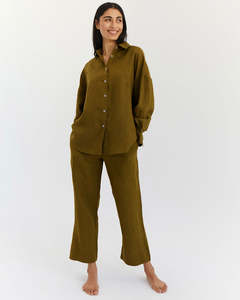 Khaki 100% French Flax Linen Long Sleeve Shirt