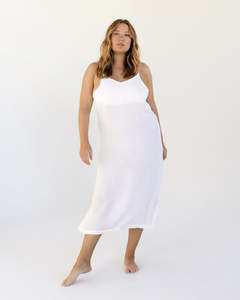 Sleepwear: White 100% French Flax Linen Midi Dress