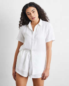 Sleepwear: White 100% French Flax Linen Short Sleeve Shirt