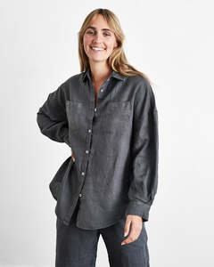 Picnicware: Charcoal 100% French Flax Linen Long Sleeve Shirt